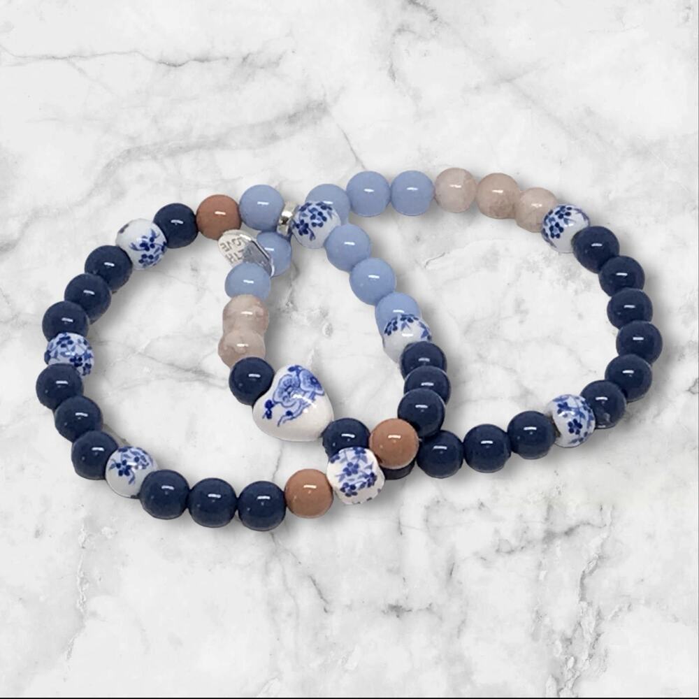 Bracelet Set Classic Navy Brown Blue Floral Beads Handmade Country Chic Design